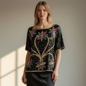 Vintage Night Vogue Women's Blouse Black Sequin Beaded Floral Short Sleeve Top M